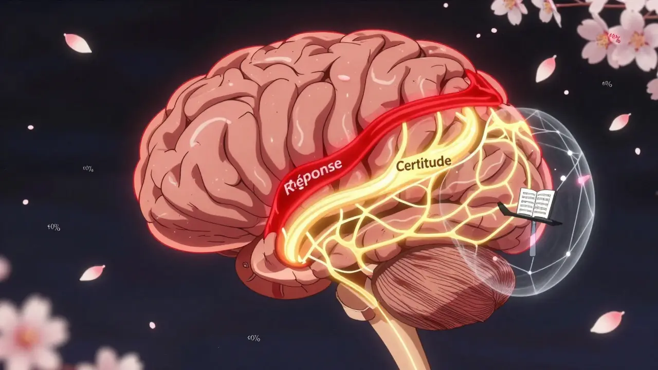Un cerveau humain avec des voies neuronales qui se séparent en réponse et certitude, analysées par un réseau externe.