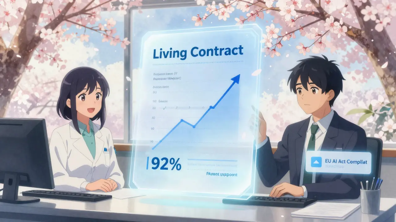Un contrat auto-adaptatif flottant qui change en temps réel, entouré de fleurs de cerisier, symbolisant la gouvernance intelligente de l'IA.