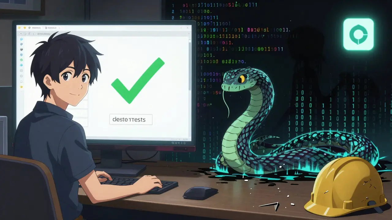 Un développeur débutant croit que son code est sécurisé, mais un serpent de code malveillant se cache dessous, révélant une vulnérabilité invisible.