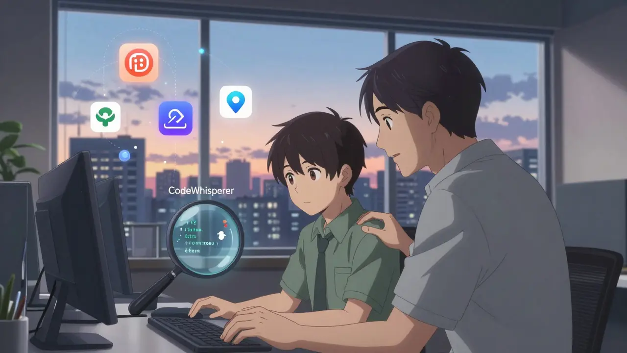 Un développeur expérimenté guide un junior, vérifiant attentivement une ligne de code générée par l'IA, sous un ciel d'aube avec des logos d'outils d'IA en orbite.