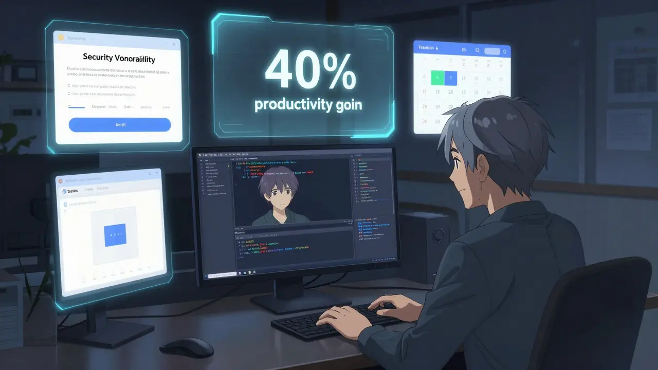 Un développeur expérimenté travaille tard le soir, entouré d'interfaces IA, avec un jour marqué 'Pas d'IA' sur un calendrier.