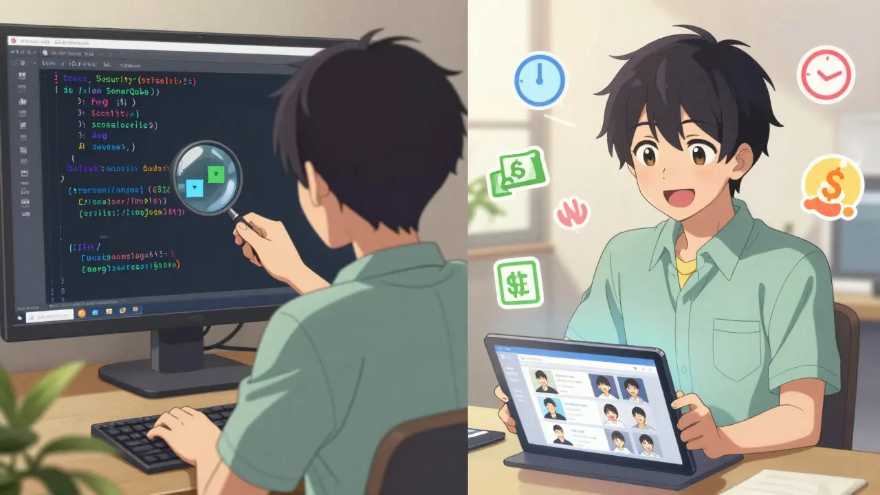 Un développeur vérifie du code généré par IA, tandis que des utilisateurs sourient devant une application déployée.