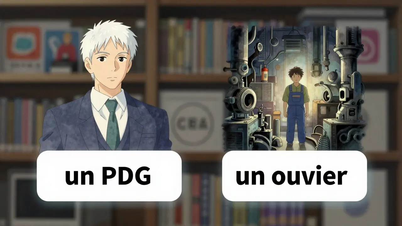 Un écran divisé montrant des stéréotypes générés par l'IA pour 'PDG' et 'ouvrier', entouré de données internet floues.