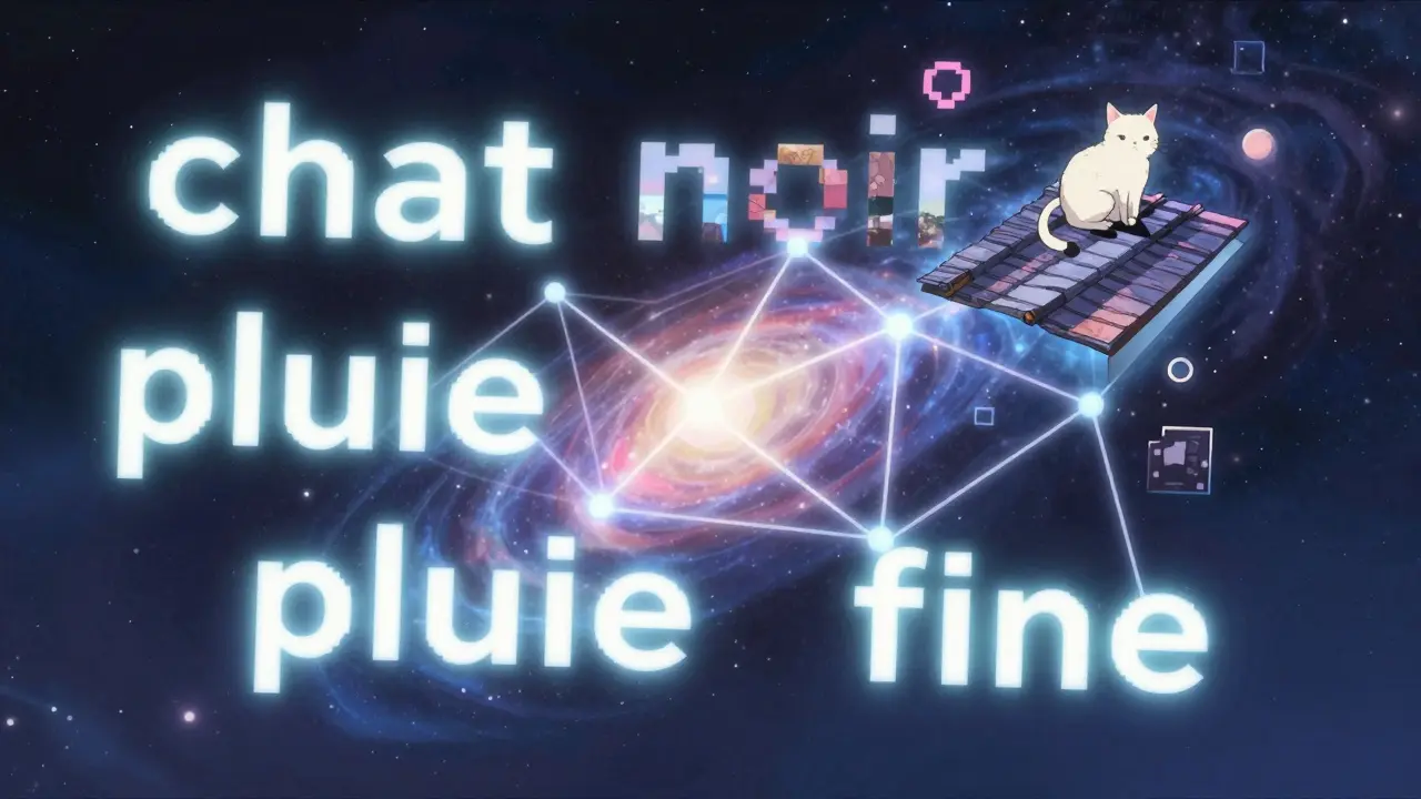 Un réseau de vecteurs lumineux reliant texte et image dans un espace cosmique.