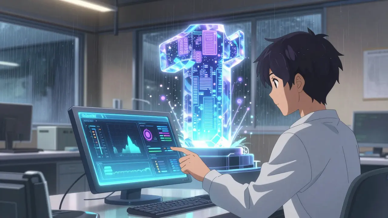 Un technicien ajuste des paramètres d'entraînement IA dans un laboratoire doux, tandis qu'un modèle se forme paisiblement.