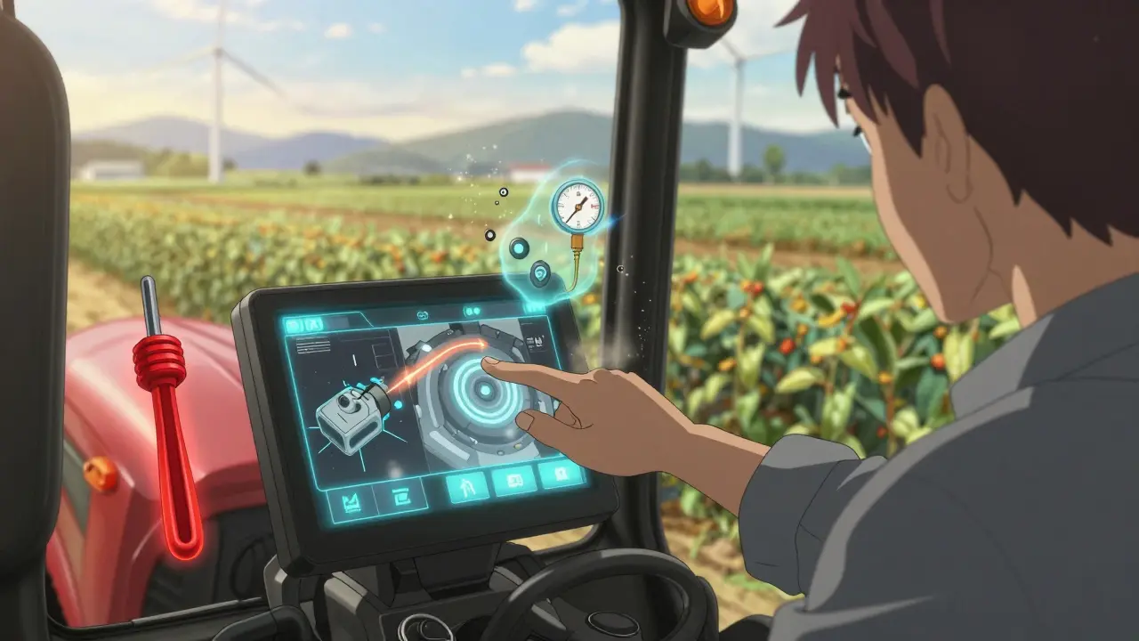 Un technicien examine un manuel d'équipement interactif projeté sur un tracteur, avec des outils holographiques flottants.