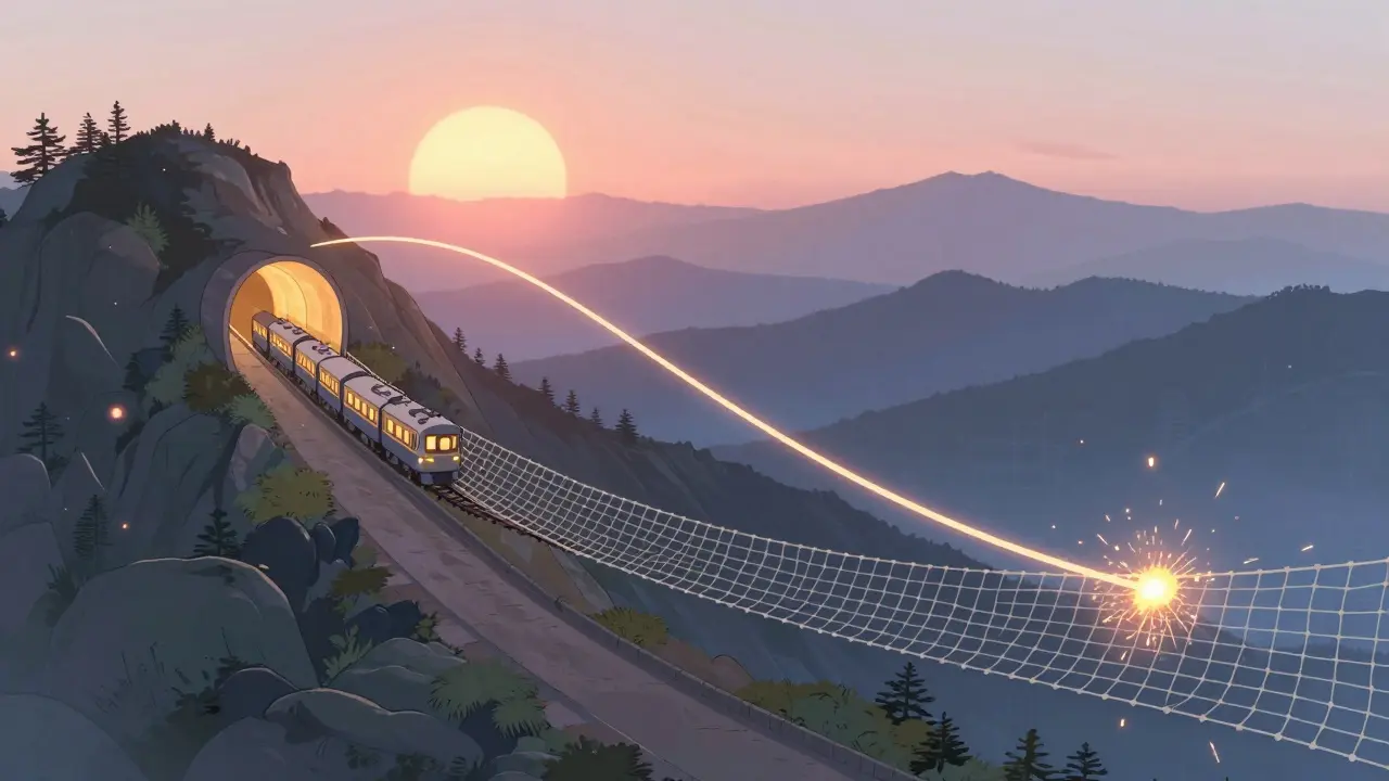 Un train de taux d'apprentissage gravissant une montagne selon une courbe cosinus, protégé par un filet de sécurité.