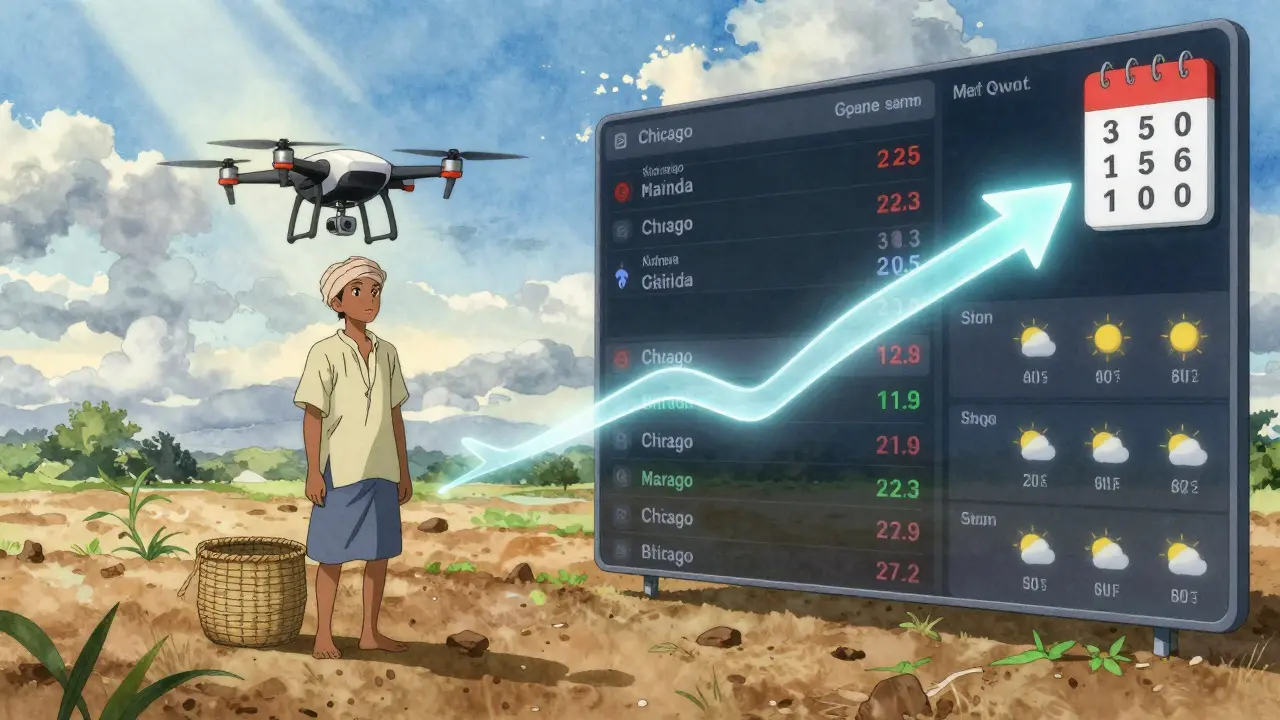 Une agricultrice au Burkina Faso observe un drone qui analyse ses champs, tandis que des données de marché s'écoulent en flux lumineux autour d'elle.