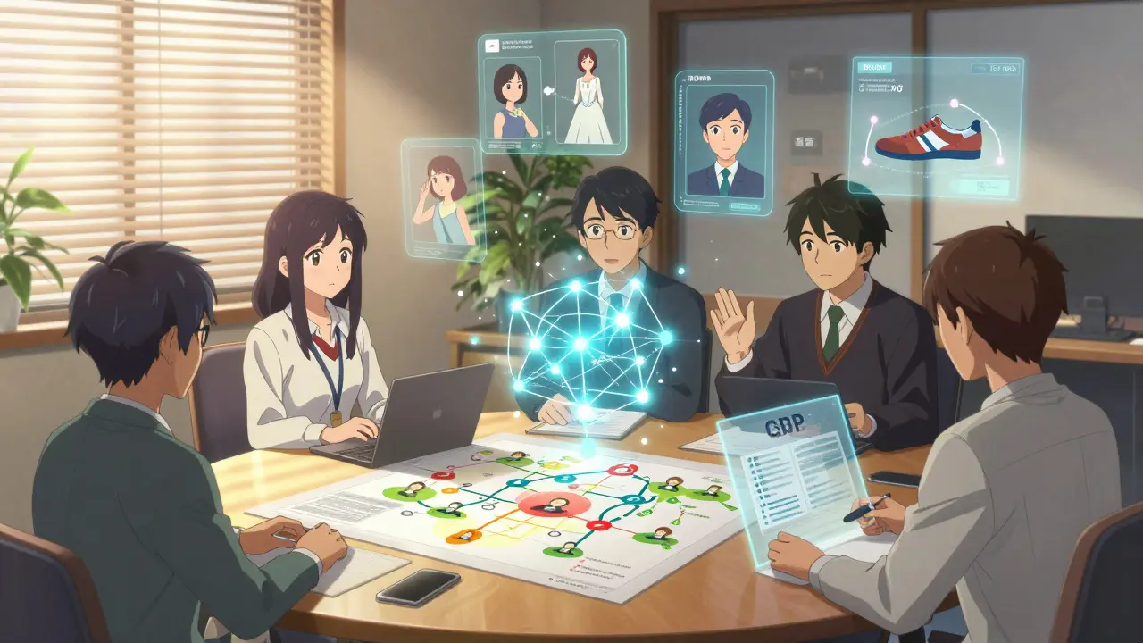 Une équipe collaborative dans un bureau ensoleillé, entourée de parcours clients personnalisés en forme d'avatars flottants.