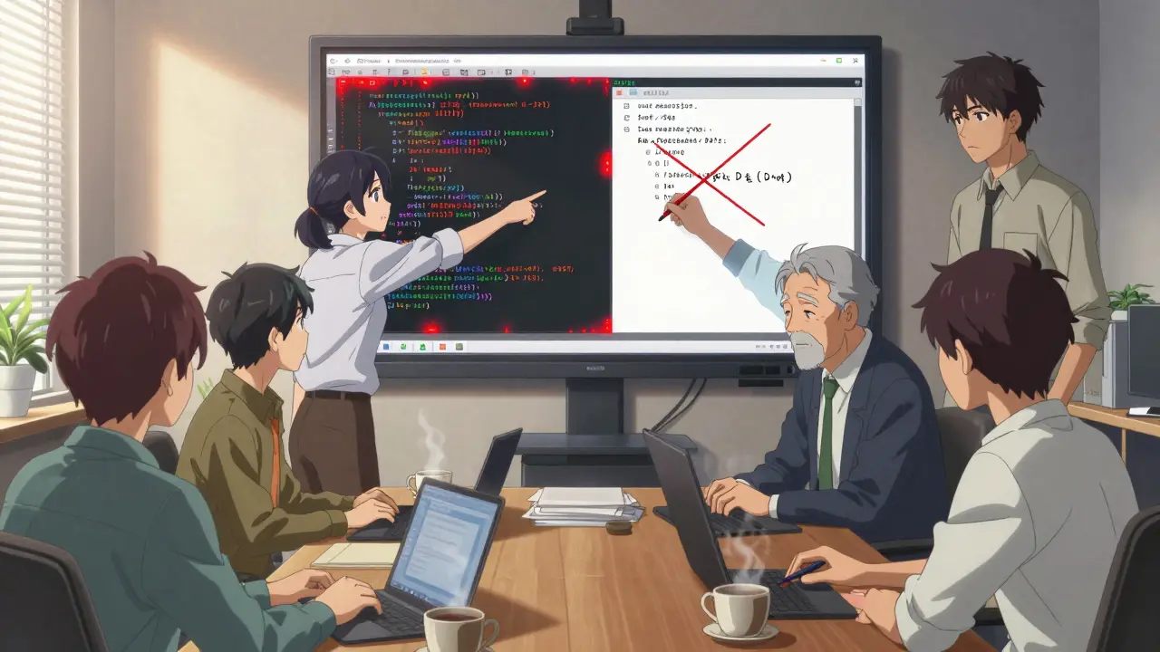 Une équipe de développeurs revue un code généré par IA, avec des avertissements rouges et un senior qui corrige à la main.
