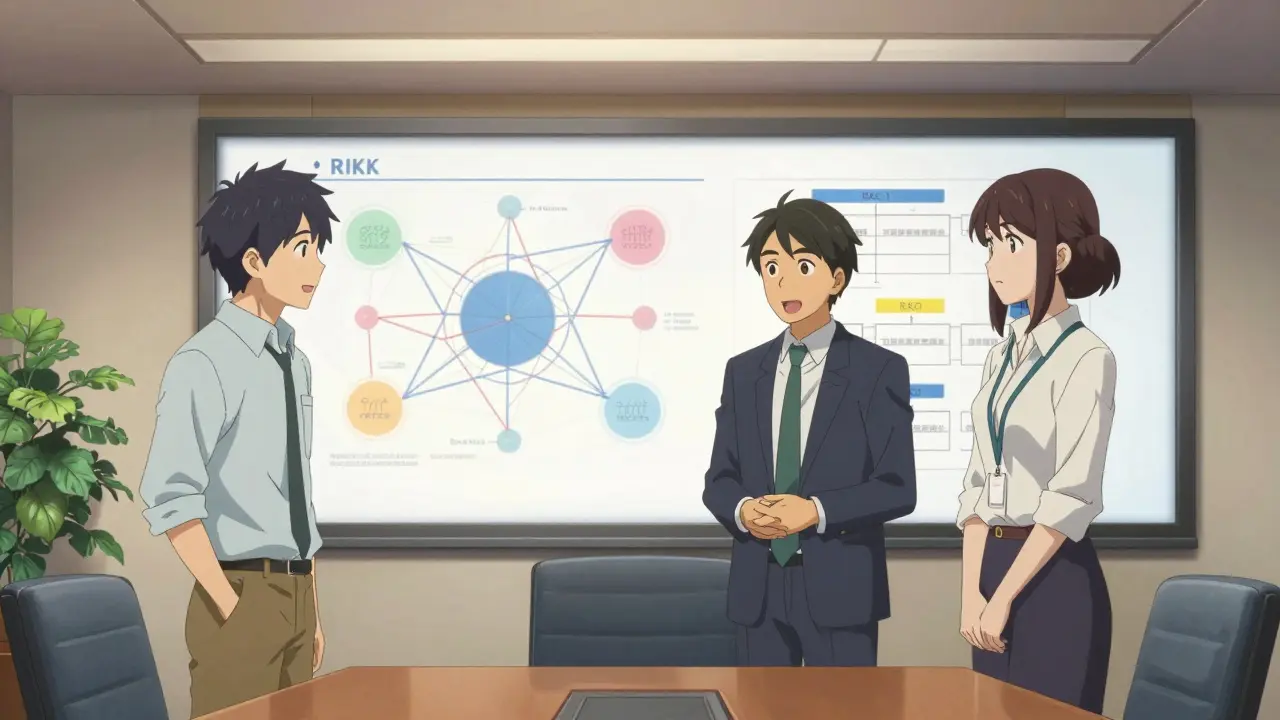 Une équipe professionnelle discute de gouvernance autour d'un tableau blanc avec schémas abstraits.