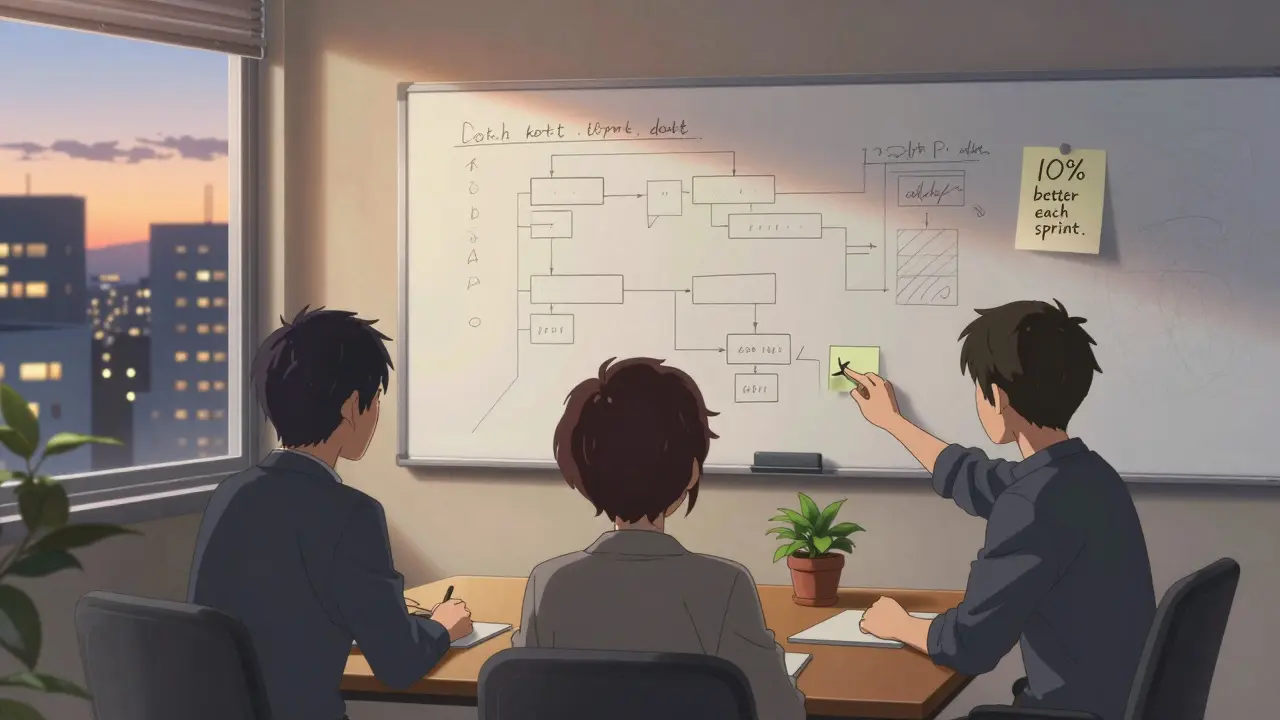 Une équipe qui nettoie progressivement son code, symbolisée par une plante posée sur un tableau de architecture propre.