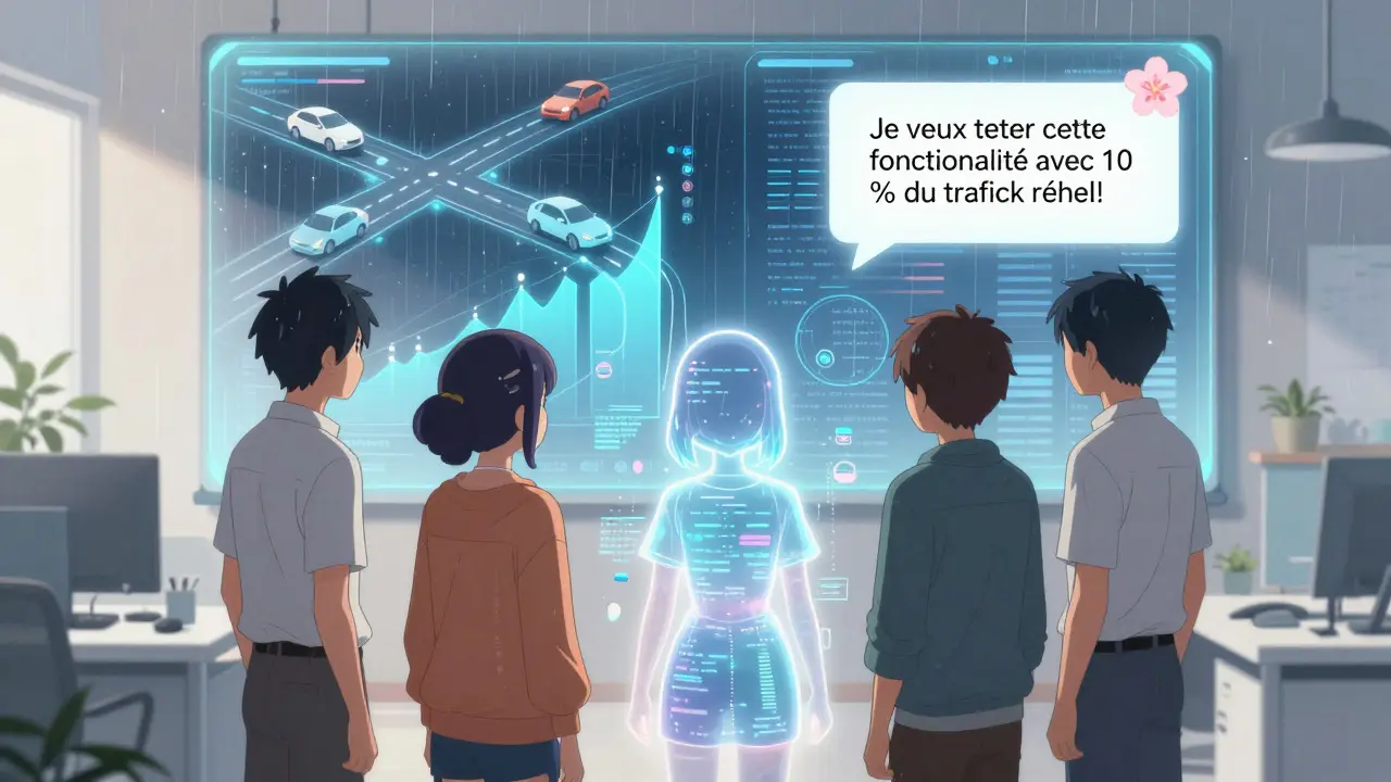 Une équipe regarde un agent IA stylisé orchestrer un déploiement canary avec des graphiques flottants et des lumières douces.