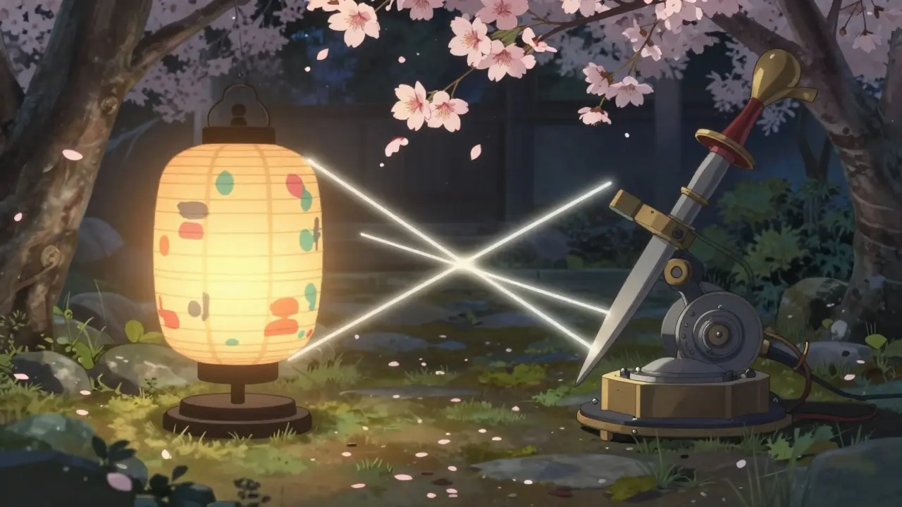Une lampe d'IA et un solveur mécanique se complètent dans un jardin japonais, sous des pétales de cerisier.