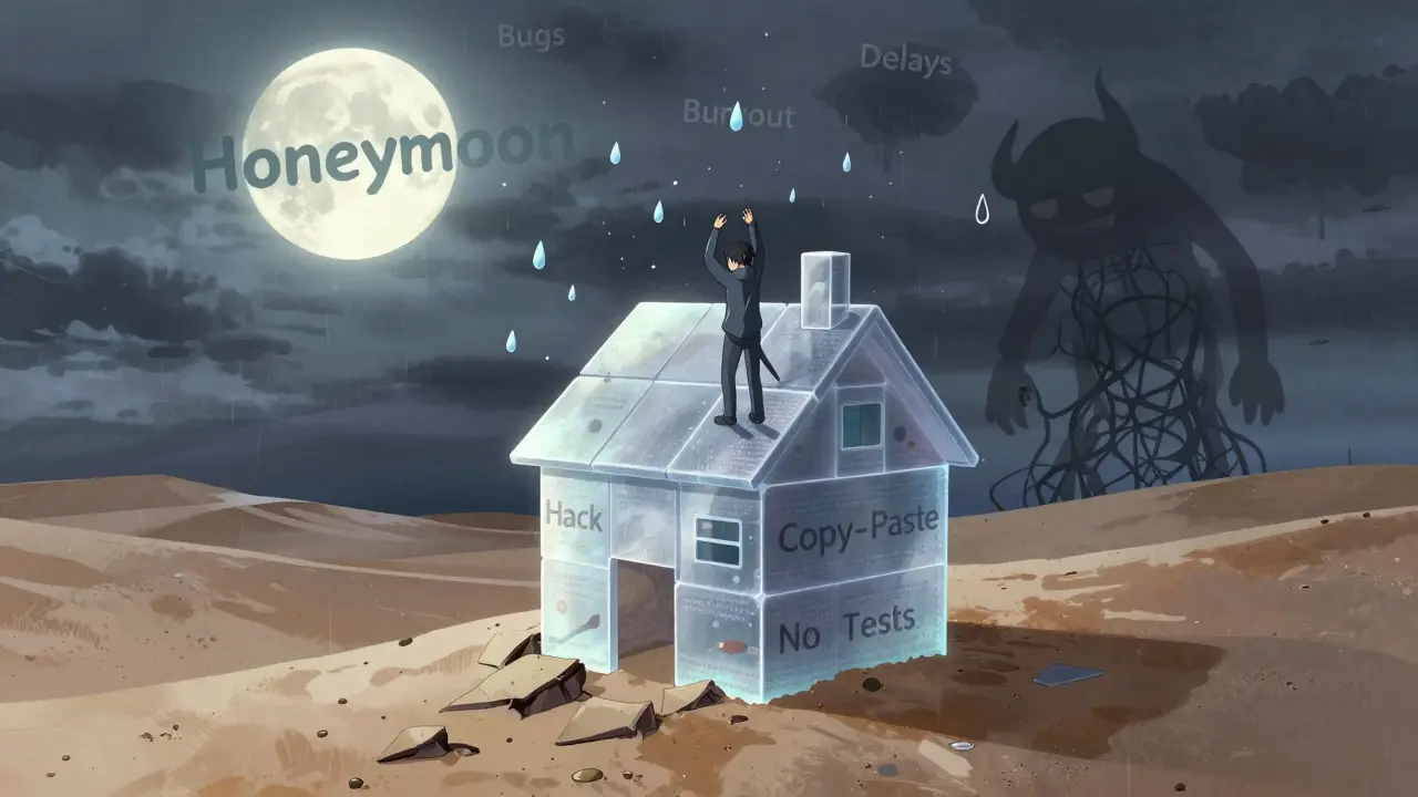 Une maison de code fragile sur du sable, menacée par une tempête de bogues et de dettes techniques.