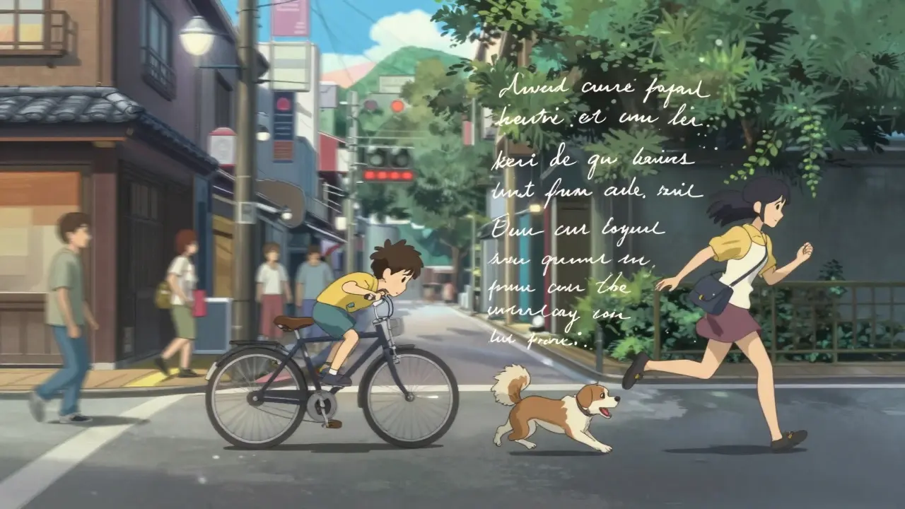 Une scène urbaine animée décrite par du texte flottant en français, style anime doux.