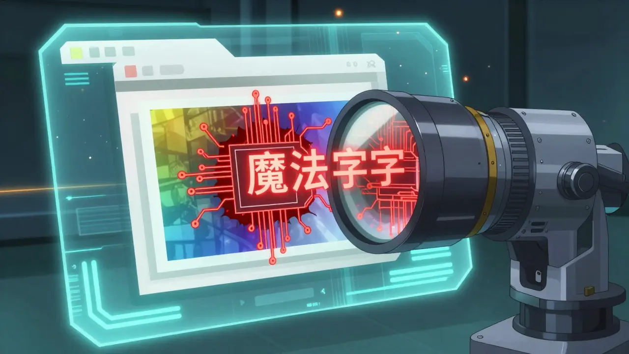 Analyse holographique d'un fichier révélant un code malveillant caché derrière une image.