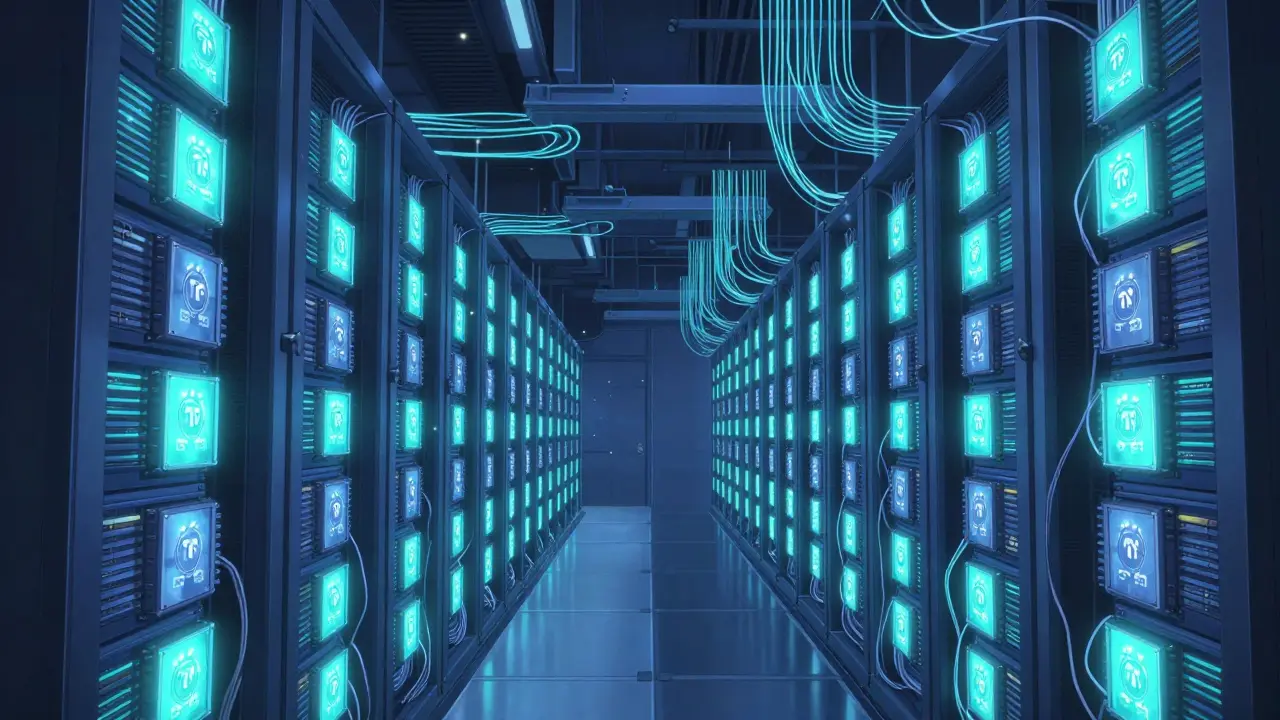 Centre de données massif avec des rangées de GPU lumineux et des câbles néons.