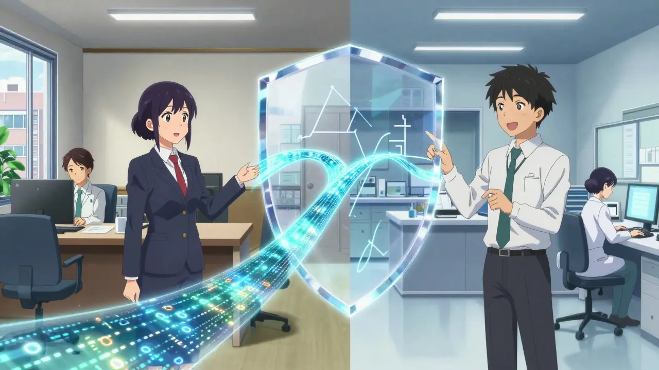 Collaboration sécurisée entre une banque et un centre médical via un flux de données synthétiques.