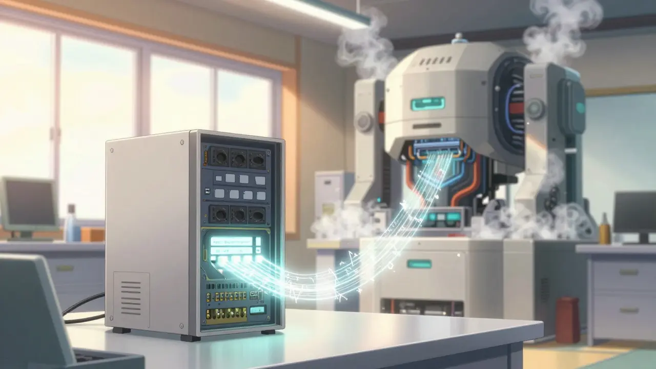 Comparaison visuelle entre un petit serveur efficace et une machine massive surchauffant.