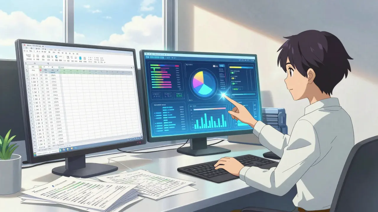 Comptable utilisant un tableau de bord numérique interactif pour simplifier des données complexes.
