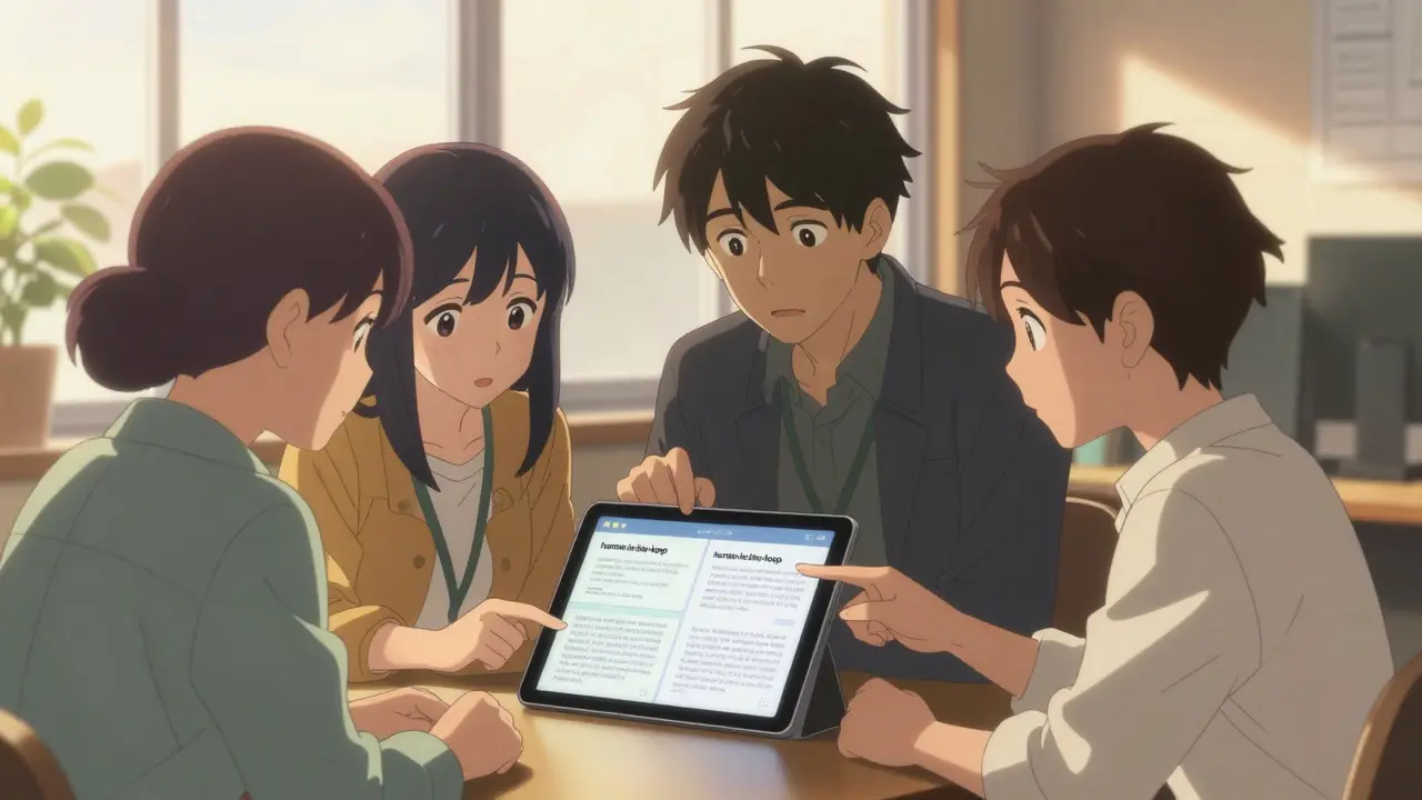 Des professionnels collaborant pour réviser humainement les réponses d'une IA.