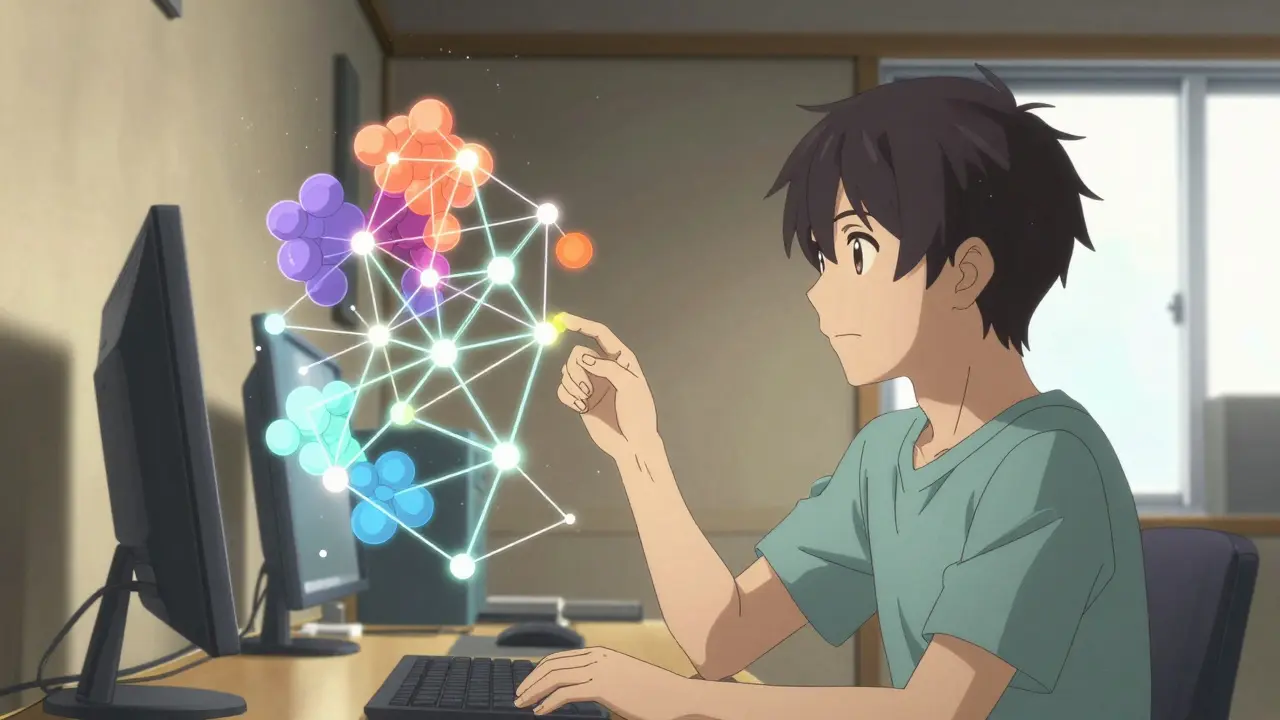 Développeur analysant un graphe de cohérence lumineux pour vérifier la fiabilité d'une IA.