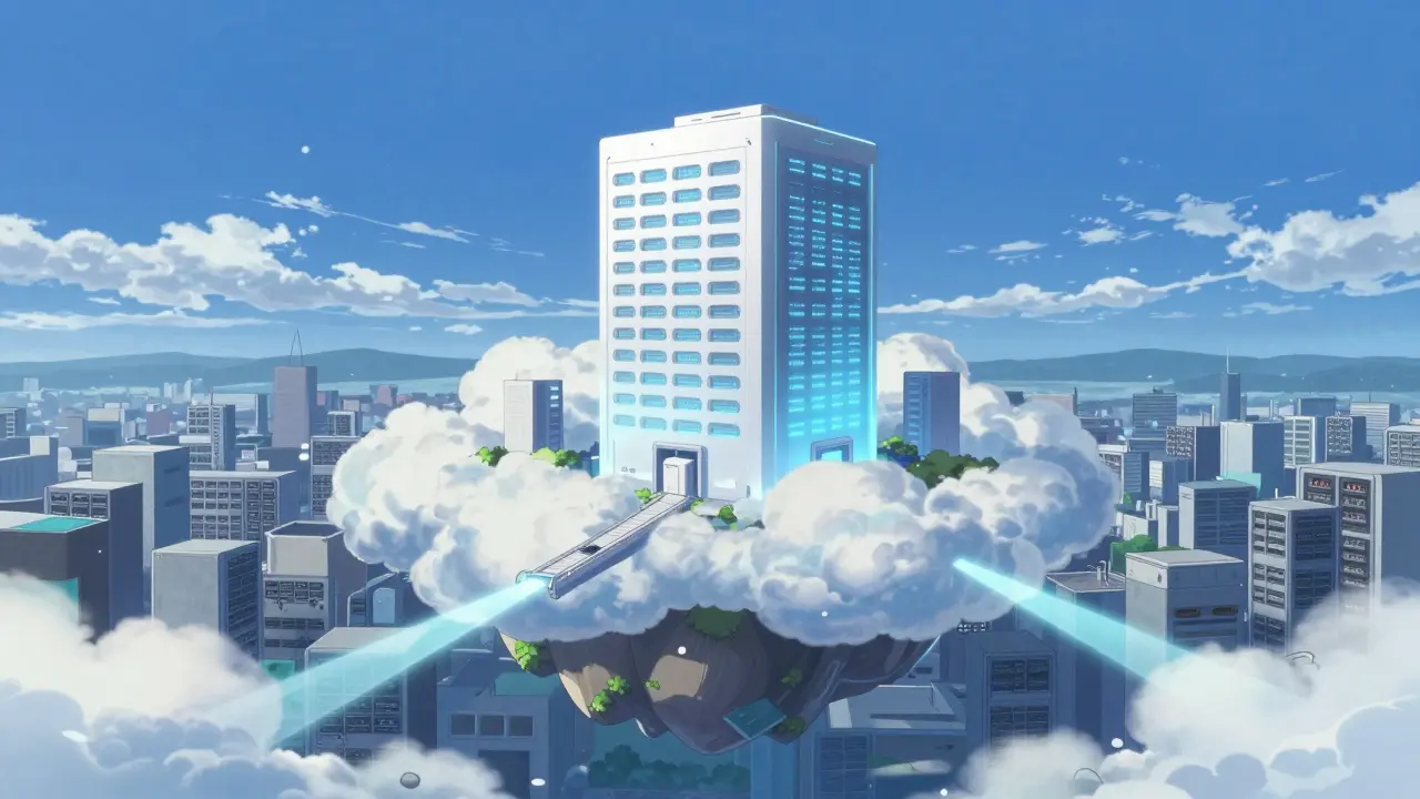 Forteresse numérique flottante symbolisant le stockage d'objets sécurisé et isolé.