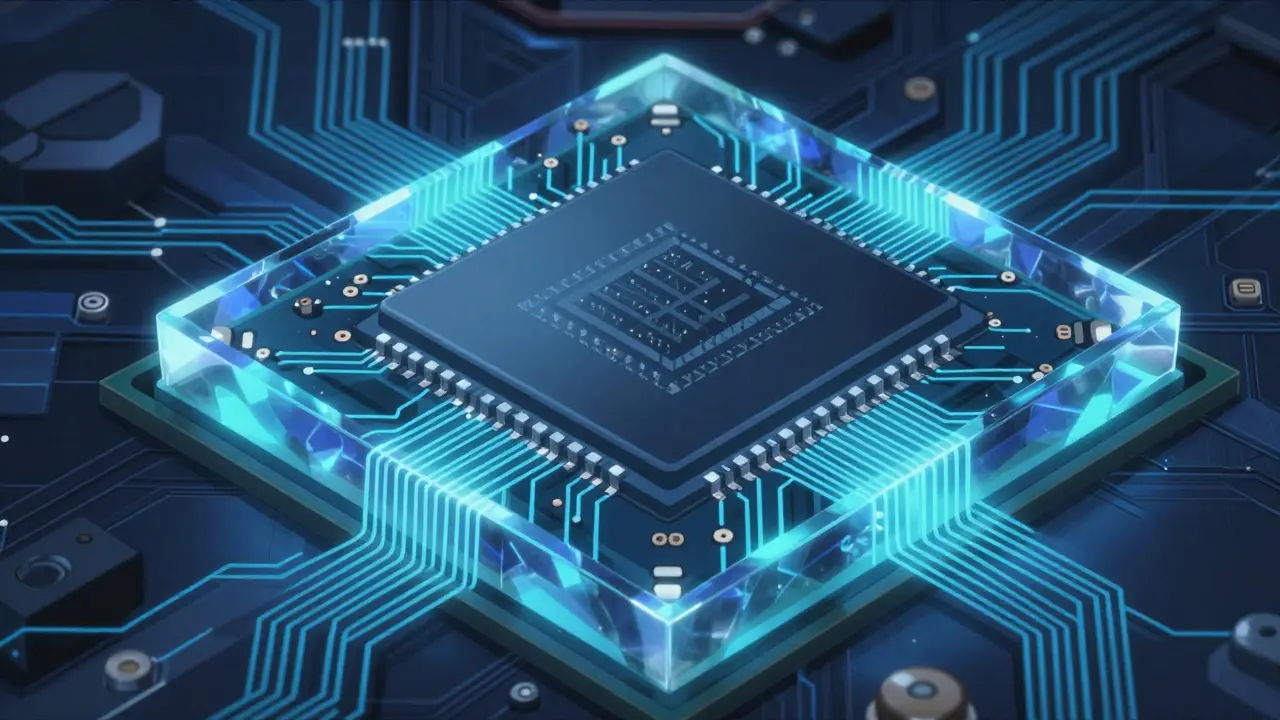 Gros plan sur une puce électronique sécurisée par un bouclier cristallin.