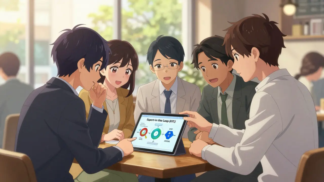 Groupe d'experts collaborant pour sécuriser une IA dans un café lumineux.