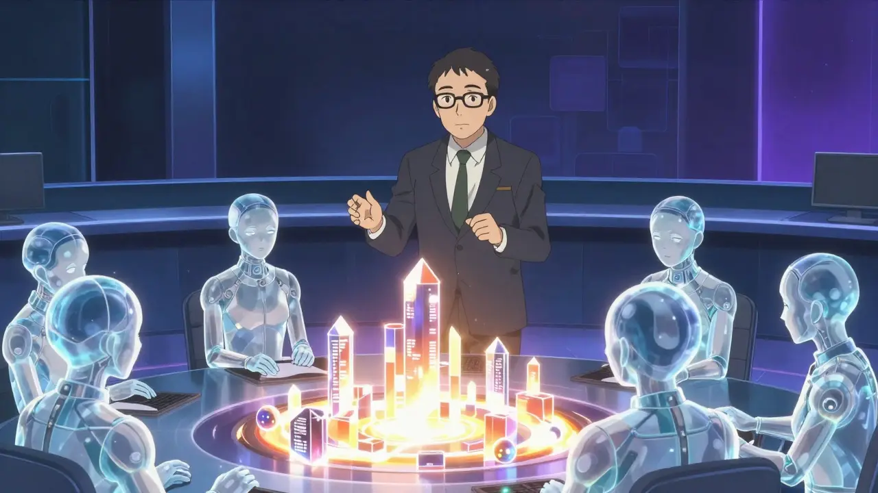 Ingénieur senior guidant des agents d'IA dans un centre de commande technologique.