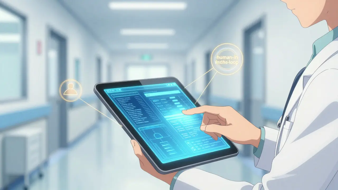 Main d'un médecin validant un rapport généré par IA sur une tablette numérique.