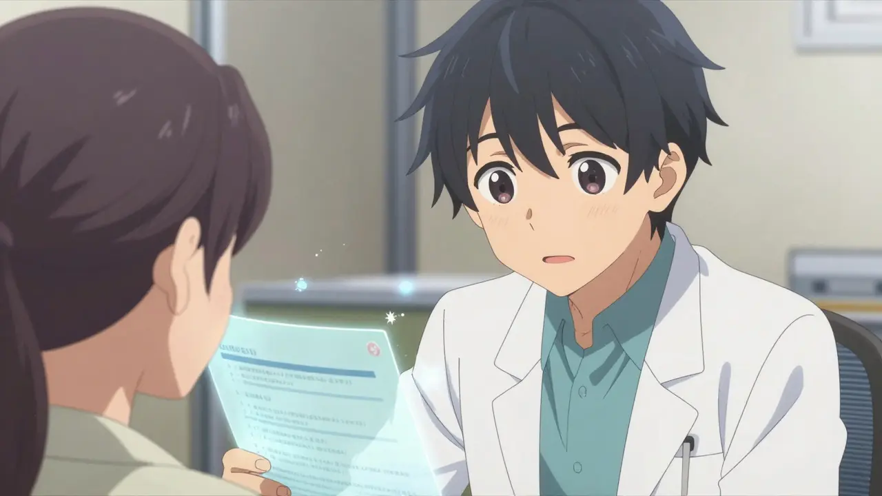 Médecin écoutant un patient pendant qu'une IA crée un résumé clinique en arrière-plan.