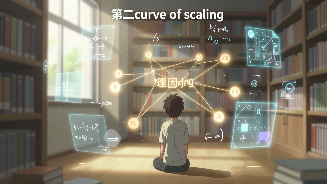Personnage entouré de formules holographiques symbolisant le raisonnement de l'IA.