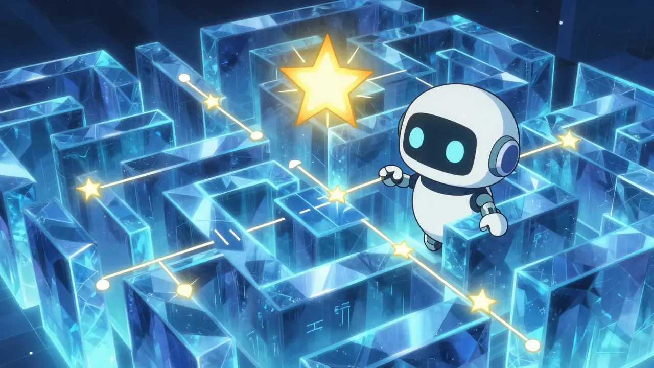 Petit robot évoluant dans un labyrinthe logique avec des étoiles dorées de récompense.