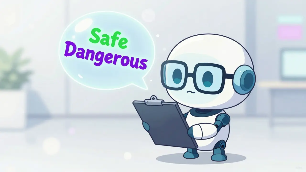 Petit robot inspecteur filtrant des messages sécurisés et dangereux dans un espace numérique.