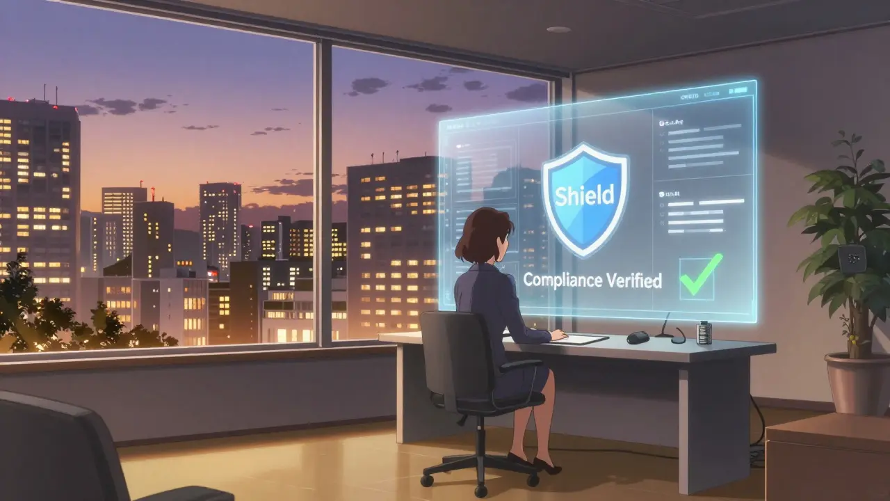 Professionnelle surveillant un tableau de bord de sécurité IA dans un bureau moderne au crépuscule.