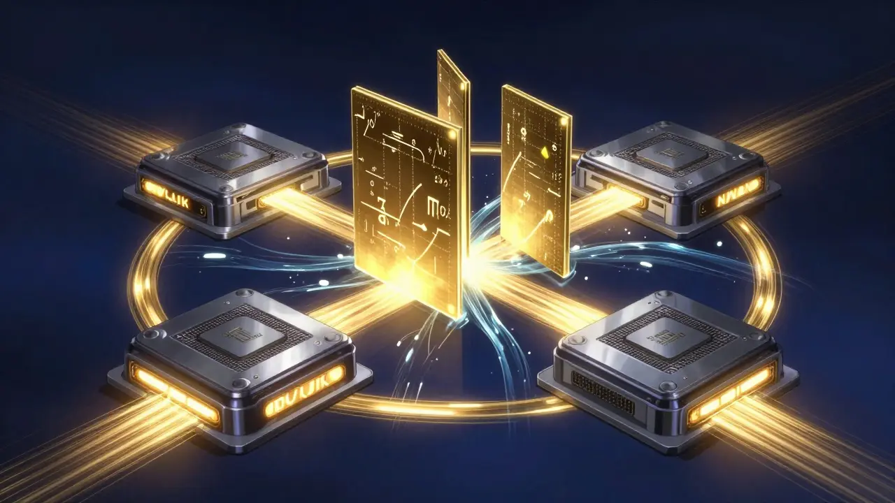 Quatre GPU interconnectés par des flux de données dorés illustrant le parallélisme de tenseurs.