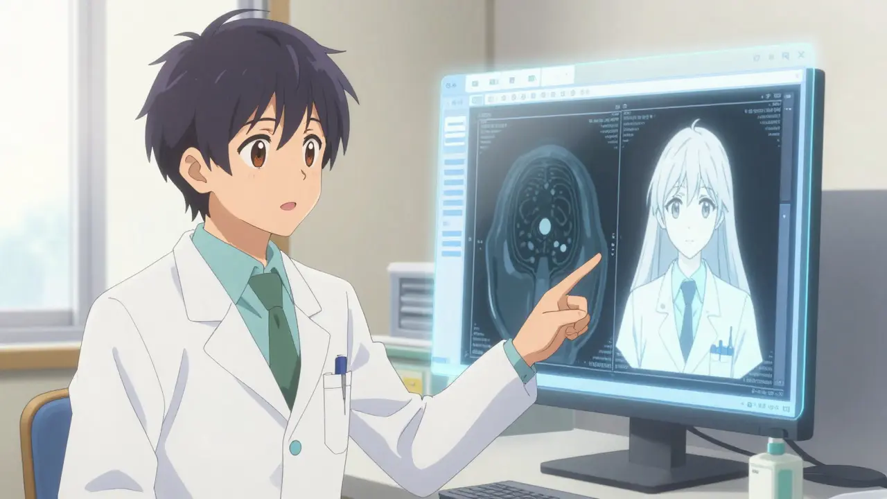 Radiologue corrigeant un rapport d'IA pour garantir la précision du diagnostic.