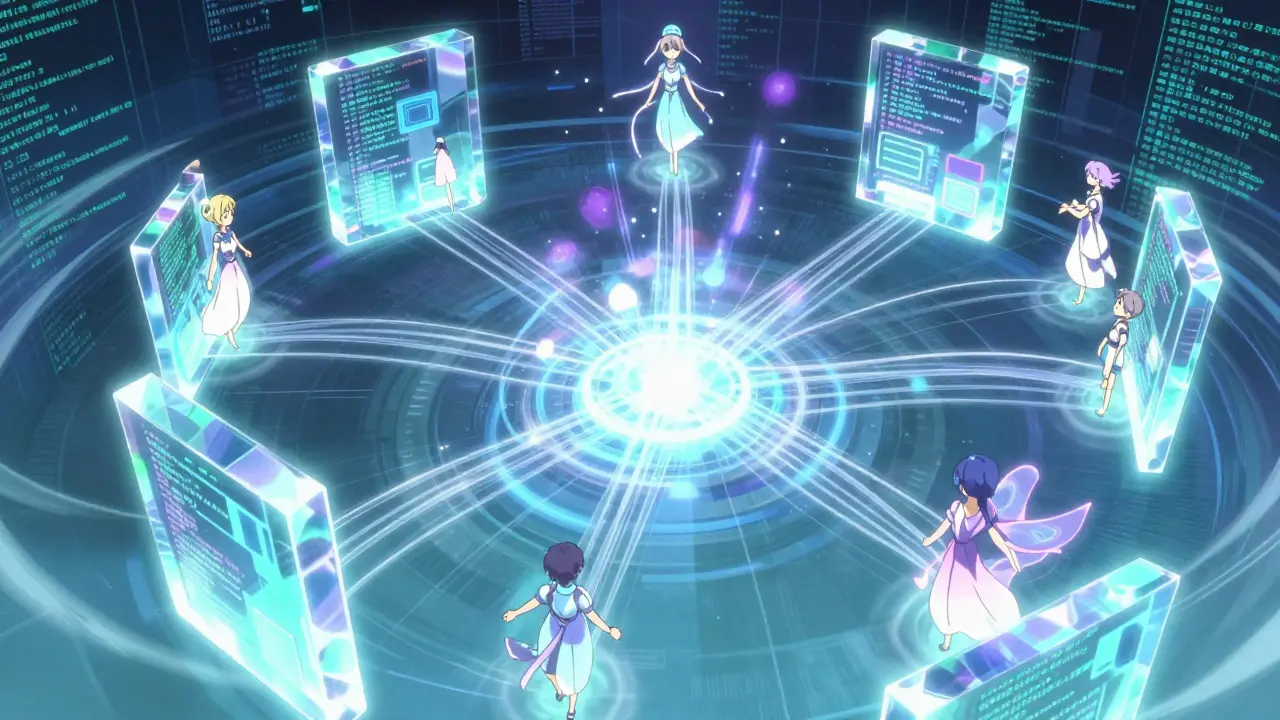 Représentation conceptuelle d'agents IA collaborant pour modifier des fichiers de code.