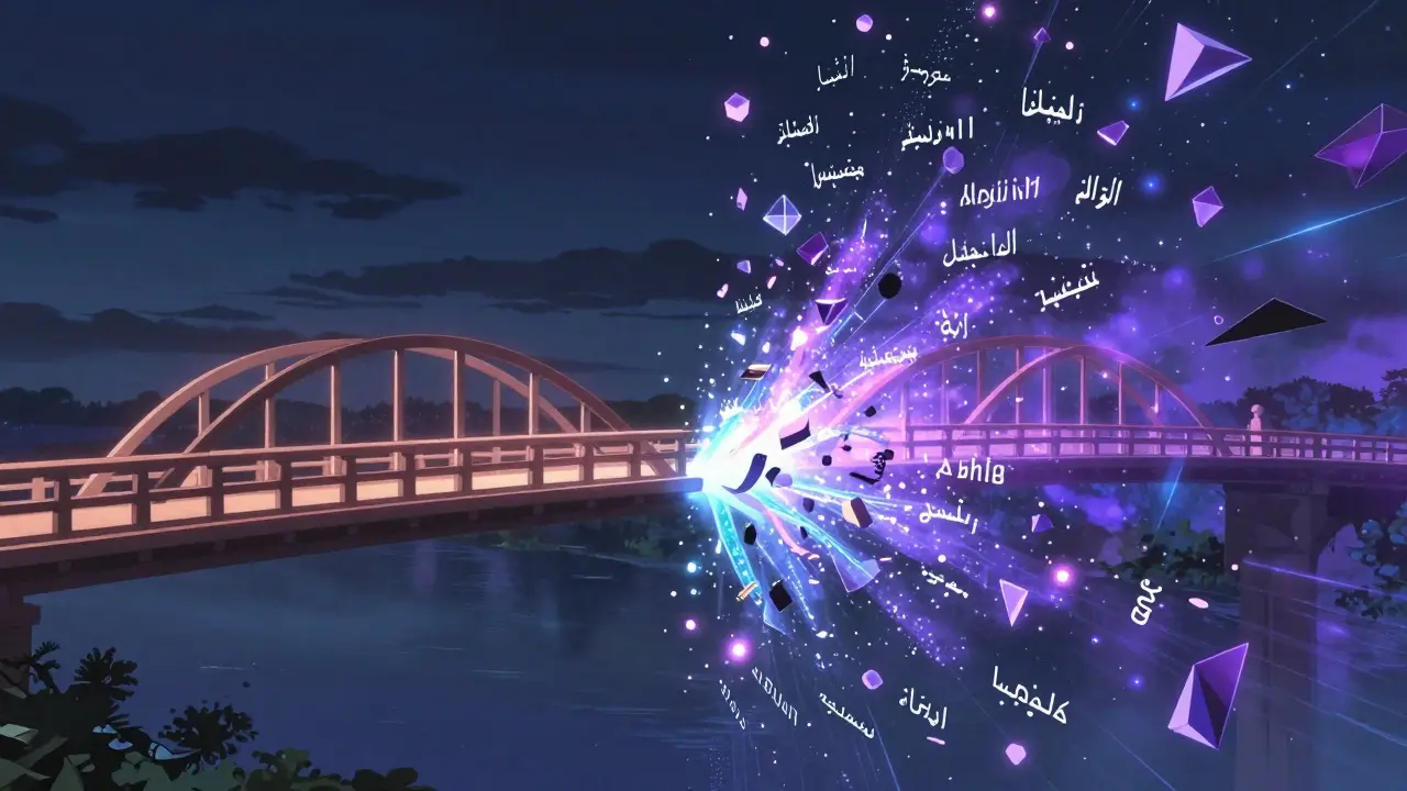 Représentation conceptuelle d'un pont numérique stable pour l'anglais et fragmenté pour d'autres langues.