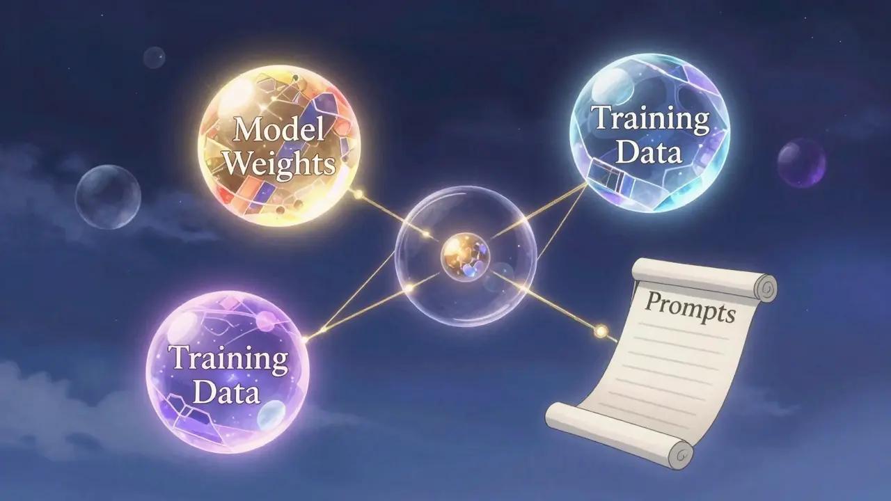 Représentation conceptuelle des poids, données et prompts d'un modèle LLM