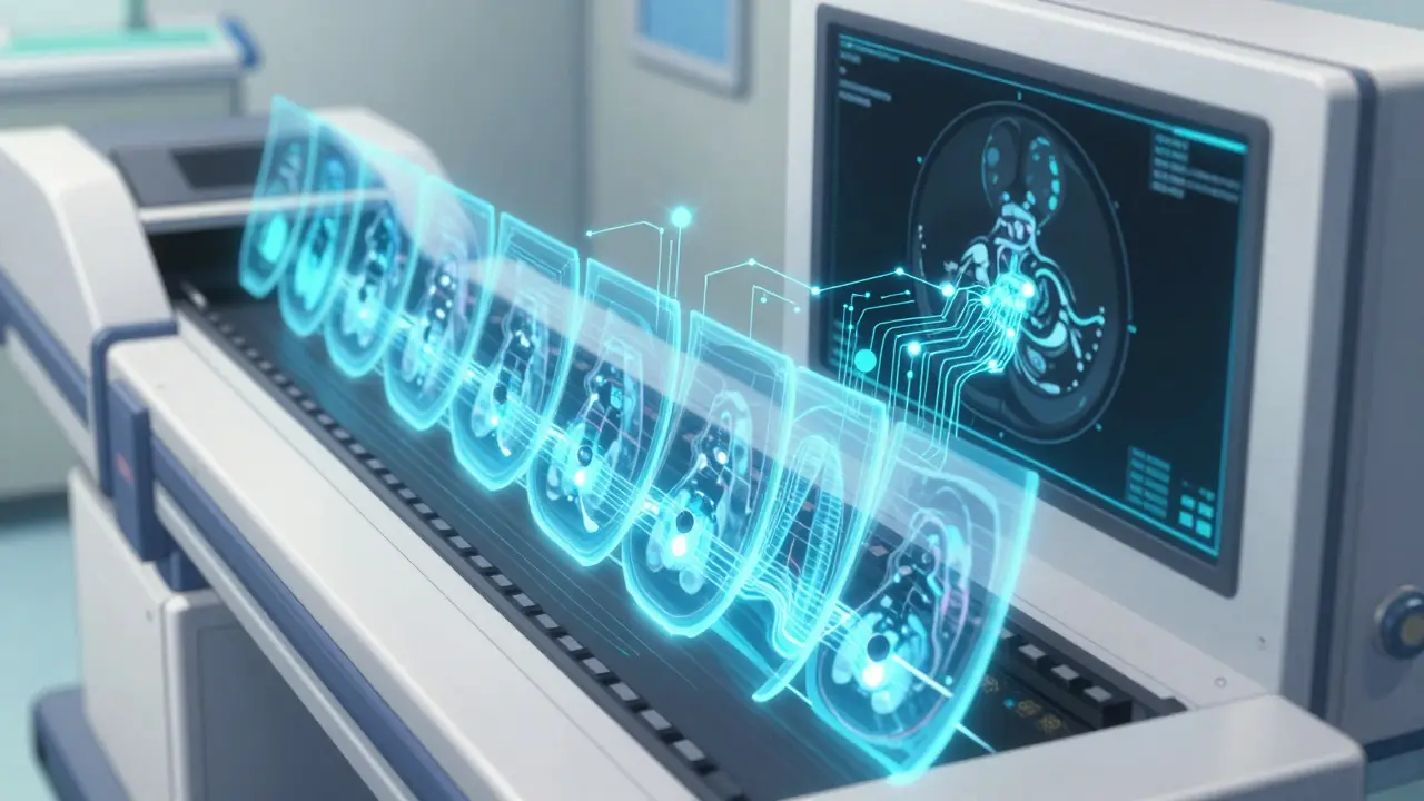 Représentation stylisée d'un scanner 3D traité comme une séquence vidéo par une IA.