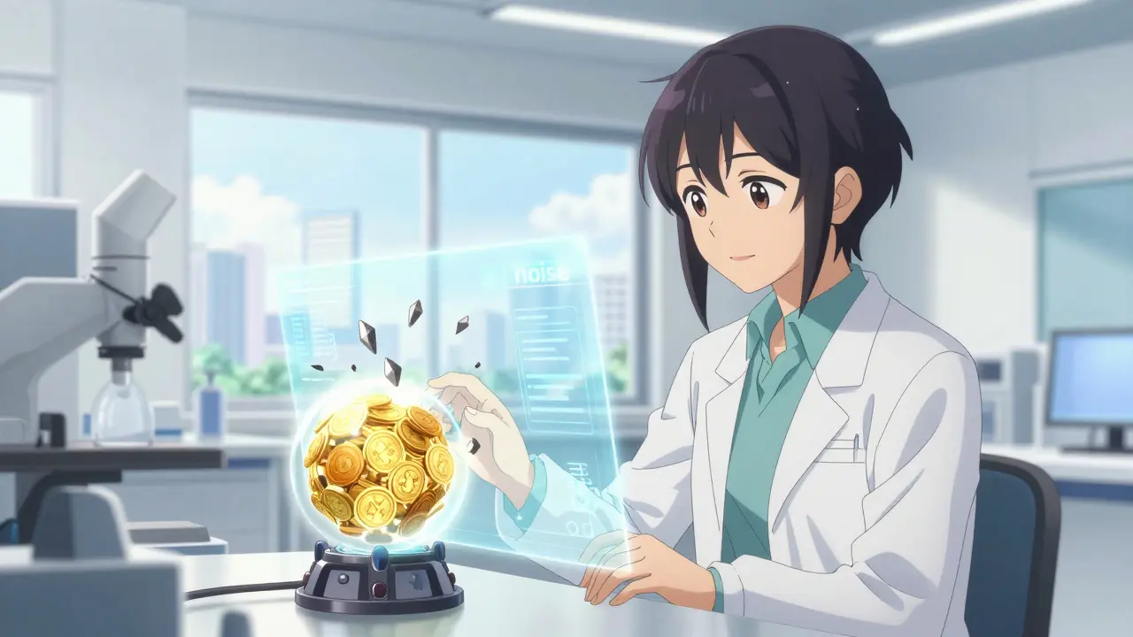 Scientifique filtrant des données numériques pour ne garder que des jetons dorés et purs.