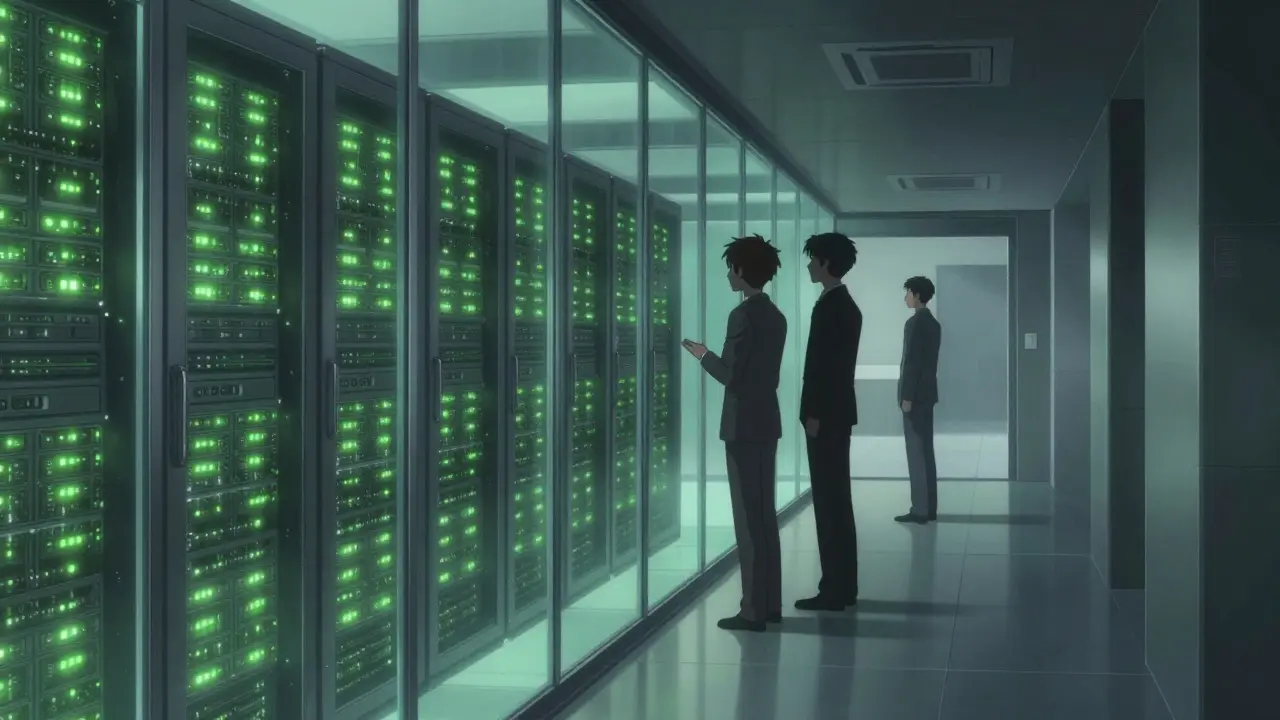 Techniciens observant des rangées de serveurs verts dans un datacenter.