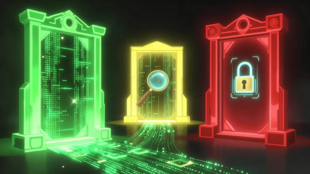 Trois portails de déploiement colorés Vert, Jaune et Rouge dans un espace numérique.