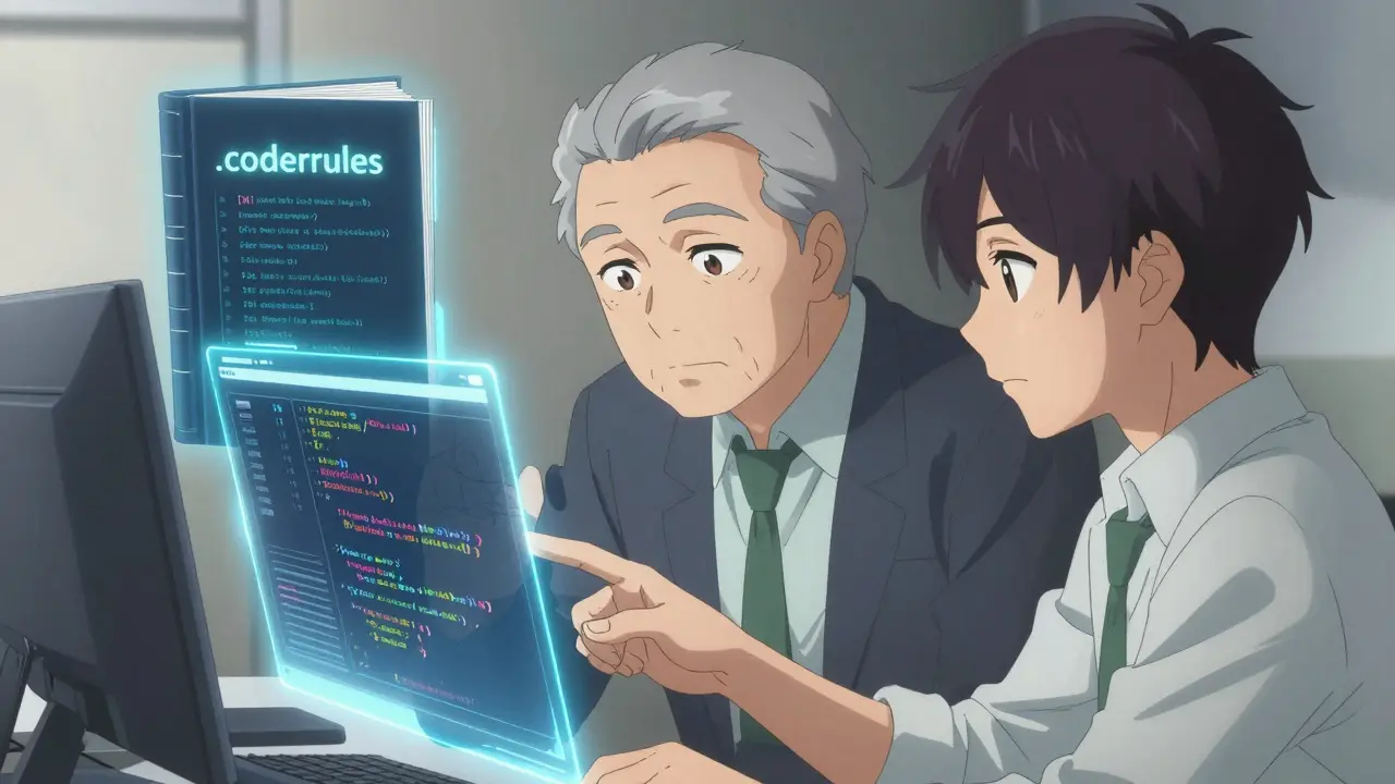 Un architecte et un développeur analysant ensemble du code sur un écran holographique.