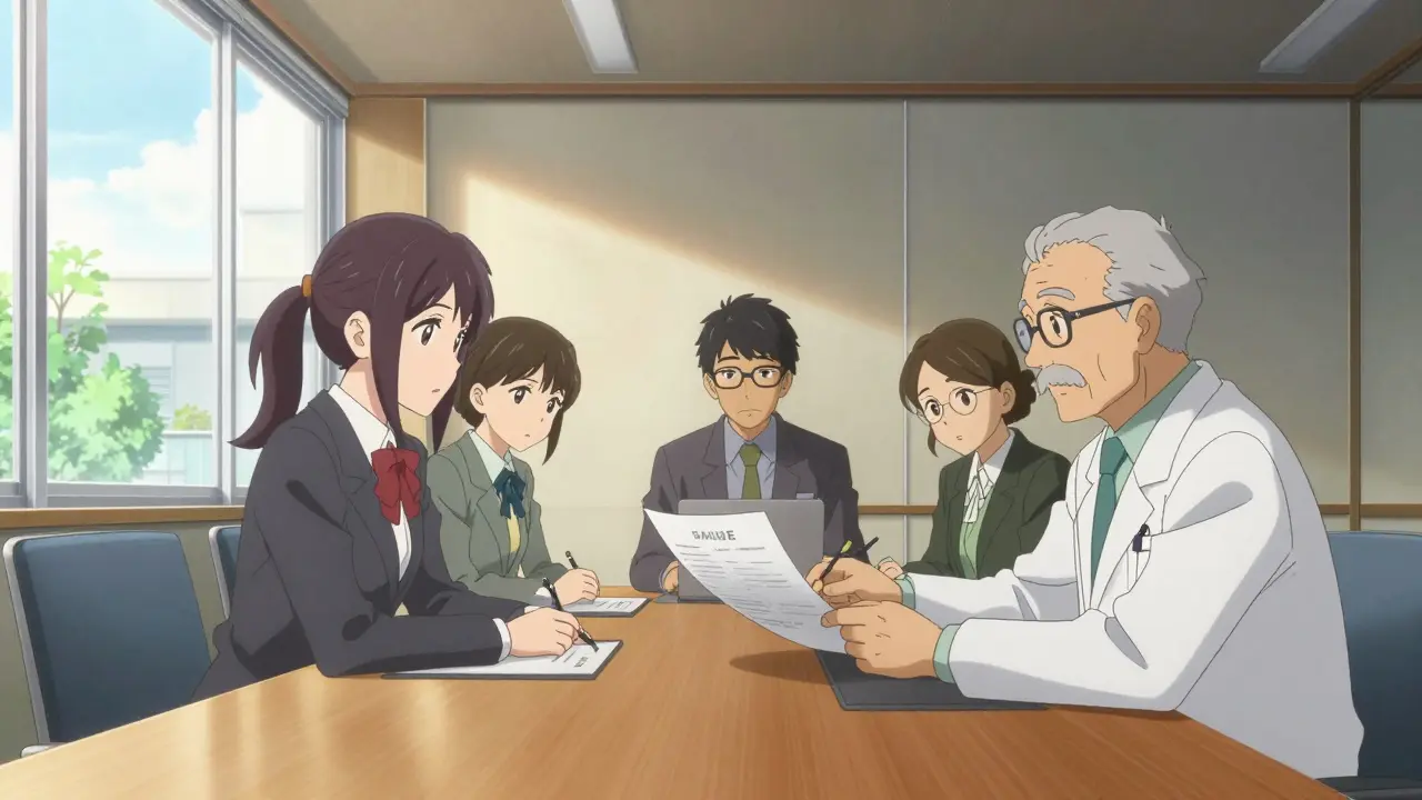 Un comité d'éthique multidisciplinaire en réunion dans un bureau lumineux.