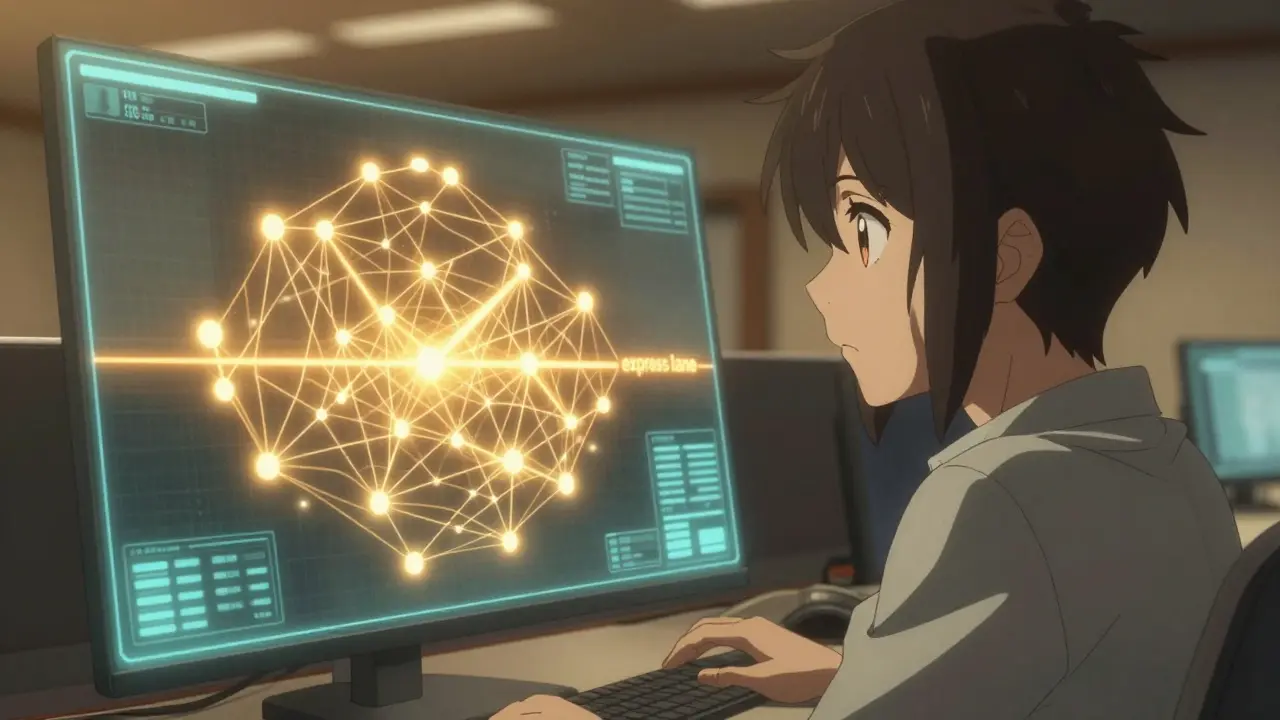 Un ingénieur observant un flux de données doré dans un réseau de neurones holographique.