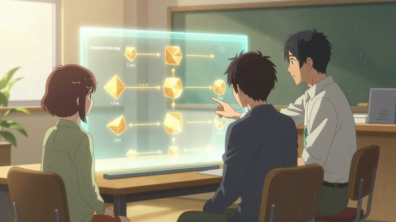 Un mentor humain et une IA analysant ensemble un cheminement logique lumineux.